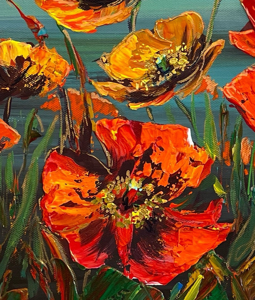 Close detail of ridged palette knife impasto in an orange poppy and its yellow stamens, Impasto Poppy workshop, Grasby Art Studio Calgary