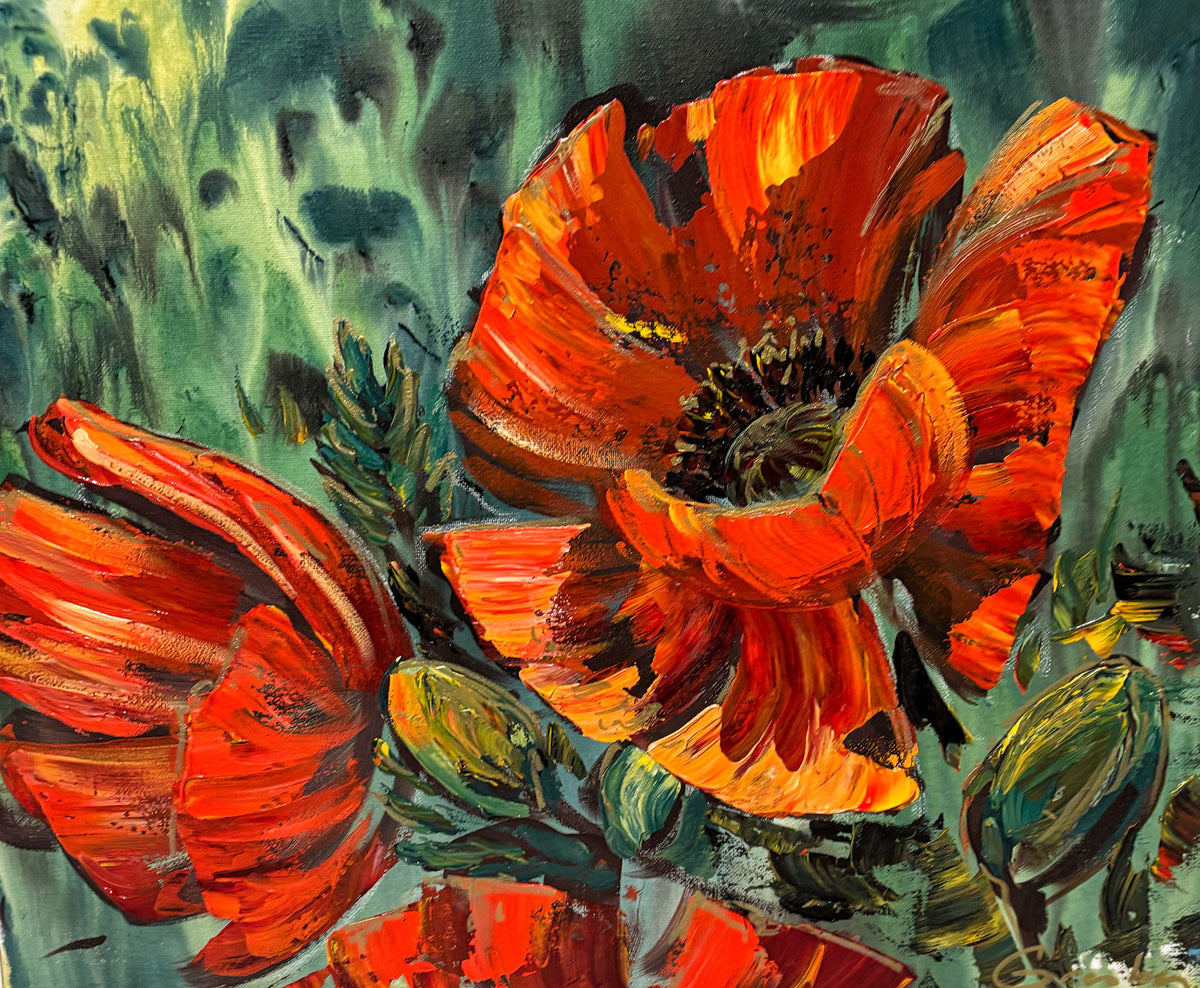 Two large scarlet poppies with black centres against a mottled teal and yellow ground, thick impasto painting by Teresa Grasby, Grasby Art Studio Calgary