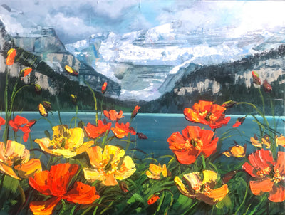 Poppies at Lake Louise — orange and yellow impasto poppies above the turquoise lake, painting by Teresa Grasby, Grasby Art Studio Calgary