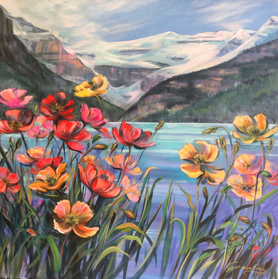 Poppies at Lake Louise — coral, pink and cream impasto poppies beside violet water, painting by Teresa Grasby, Grasby Art Studio Calgary