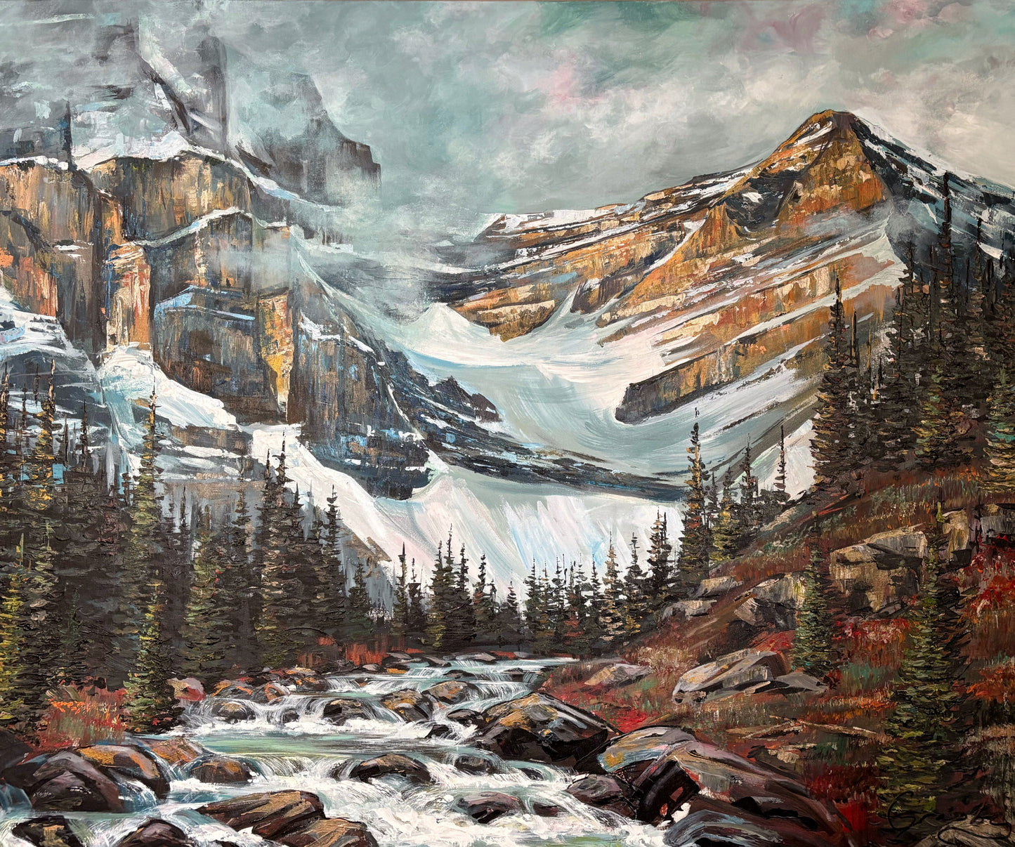 Glacier, spruce and rushing mountain creek, palette knife painting by Teresa Grasby, Grasby Art Studio Calgary