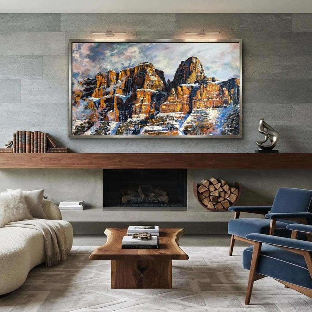 Golden mountain cliffs palette knife painting by Teresa Grasby hung above a fireplace as a feature wall piece, Mountain Palette Knife Painting workshop, Grasby Art Studio Calgary