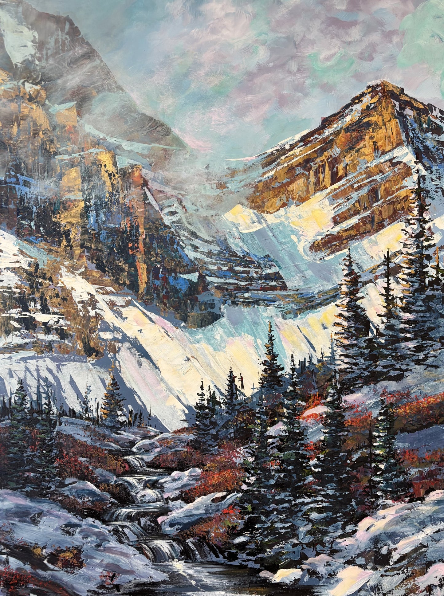 Golden peaks, fresh snow and a mountain stream through spruce, palette knife painting by Teresa Grasby, Grasby Art Studio Calgary