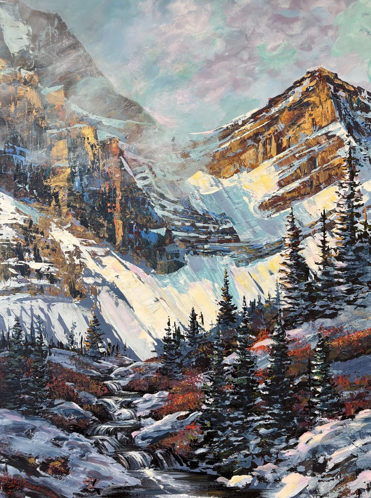 Golden peaks, fresh snow and a mountain stream through spruce, palette knife painting by Teresa Grasby, Grasby Art Studio Calgary