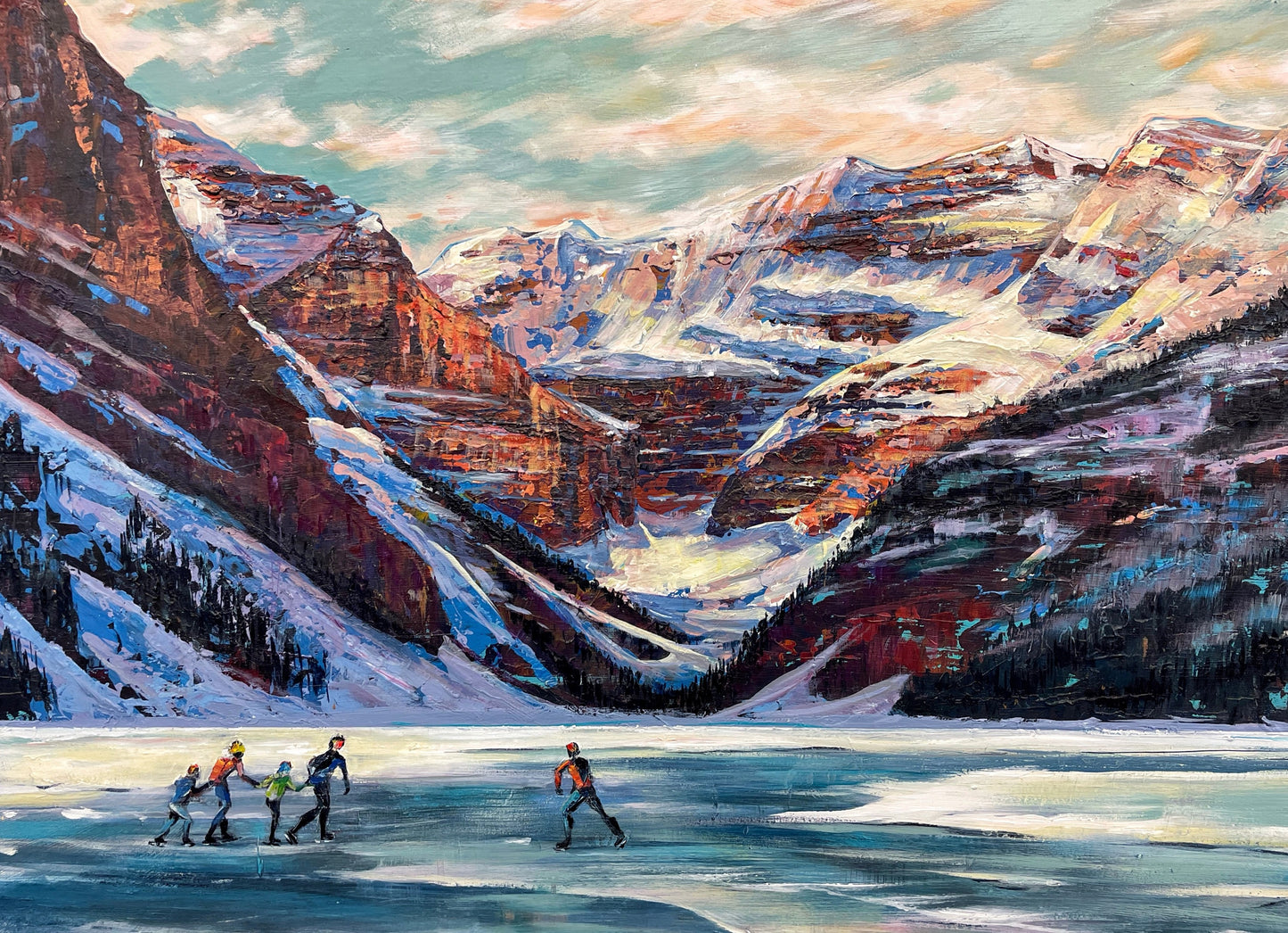 Skaters on frozen Lake Louise below Victoria Glacier at sunset, palette knife painting by Teresa Grasby, Grasby Art Studio Calgary