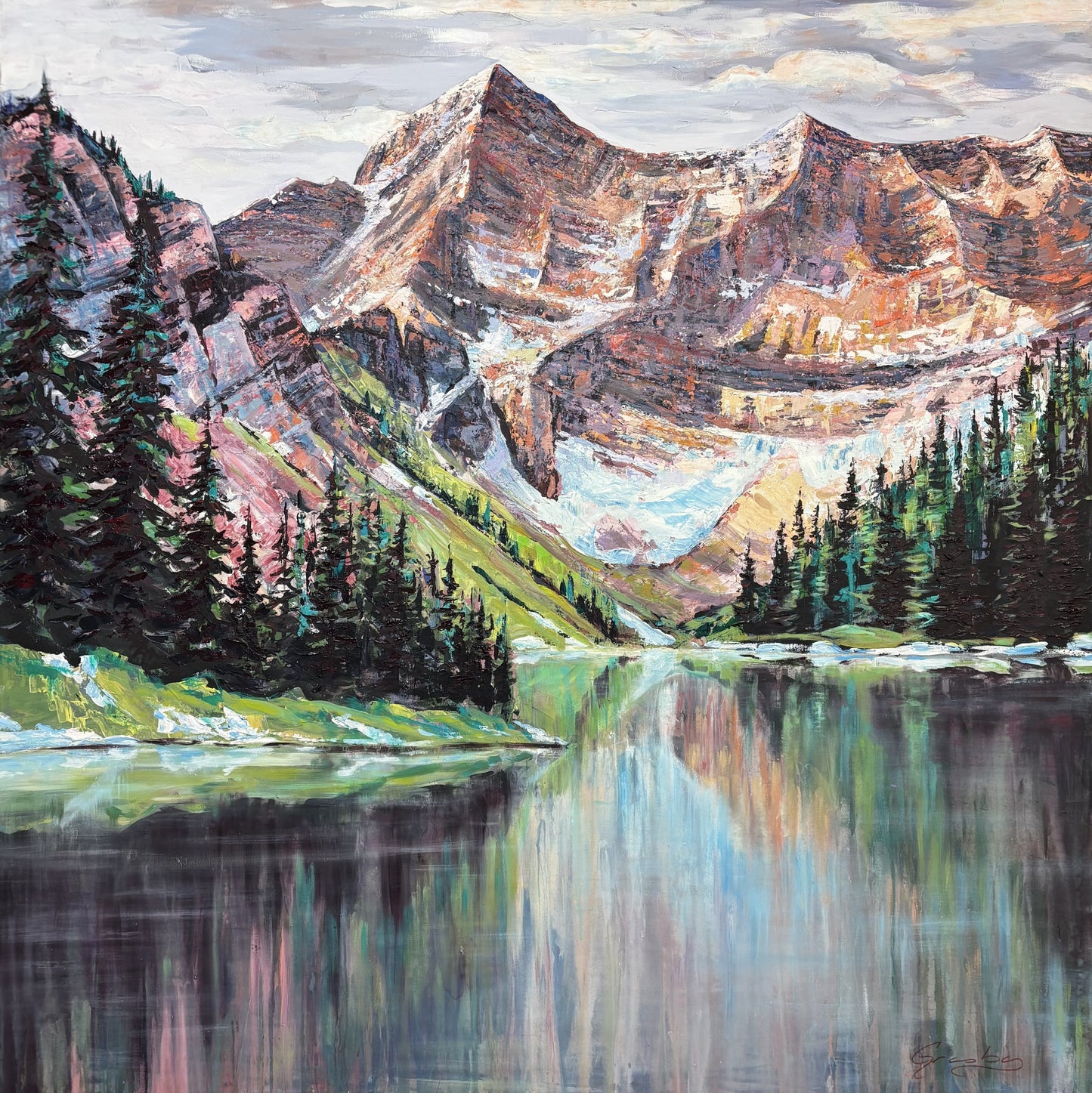 Pink-lit mountain peaks and green slopes reflected in an alpine lake, palette knife painting by Teresa Grasby, Grasby Art Studio Calgary