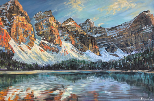 Valley of the Ten Peaks and Moraine Lake at sunrise, palette knife painting by Teresa Grasby, Grasby Art Studio Calgary
