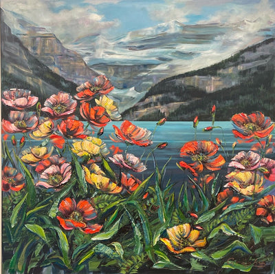 Poppies at Lake Louise — pink, red and yellow impasto poppies with green foliage above the lake, painting by Teresa Grasby, Grasby Art Studio Calgary