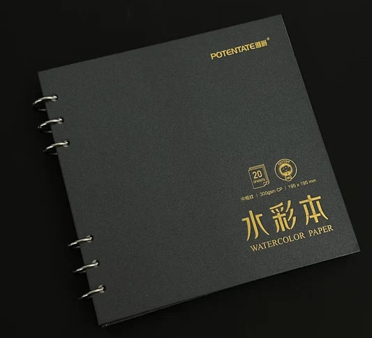 Potentate Black Spiral Cold Press Watercolor Book (300gsm, 195x195mm, 20 sheets)