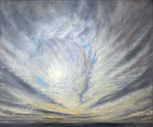 Silver cirrus clouds fanning over a flat prairie horizon, sky painting by Teresa Grasby, Grasby Art Studio Calgary