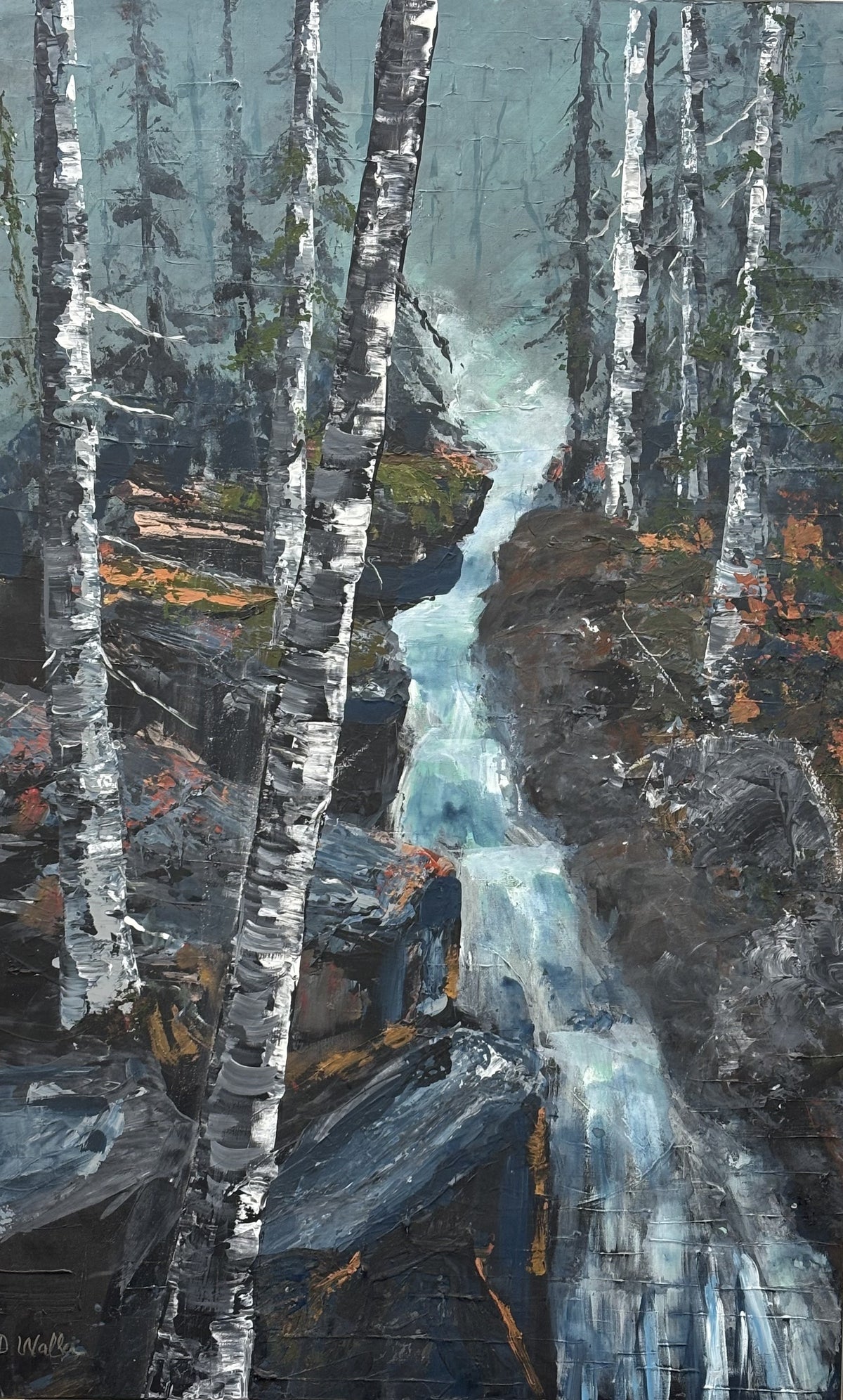 Waterfall tumbling over dark rocks between birch trunks, palette-knife painting from the Rocks & Water workshop, Grasby Art Studio Calgary