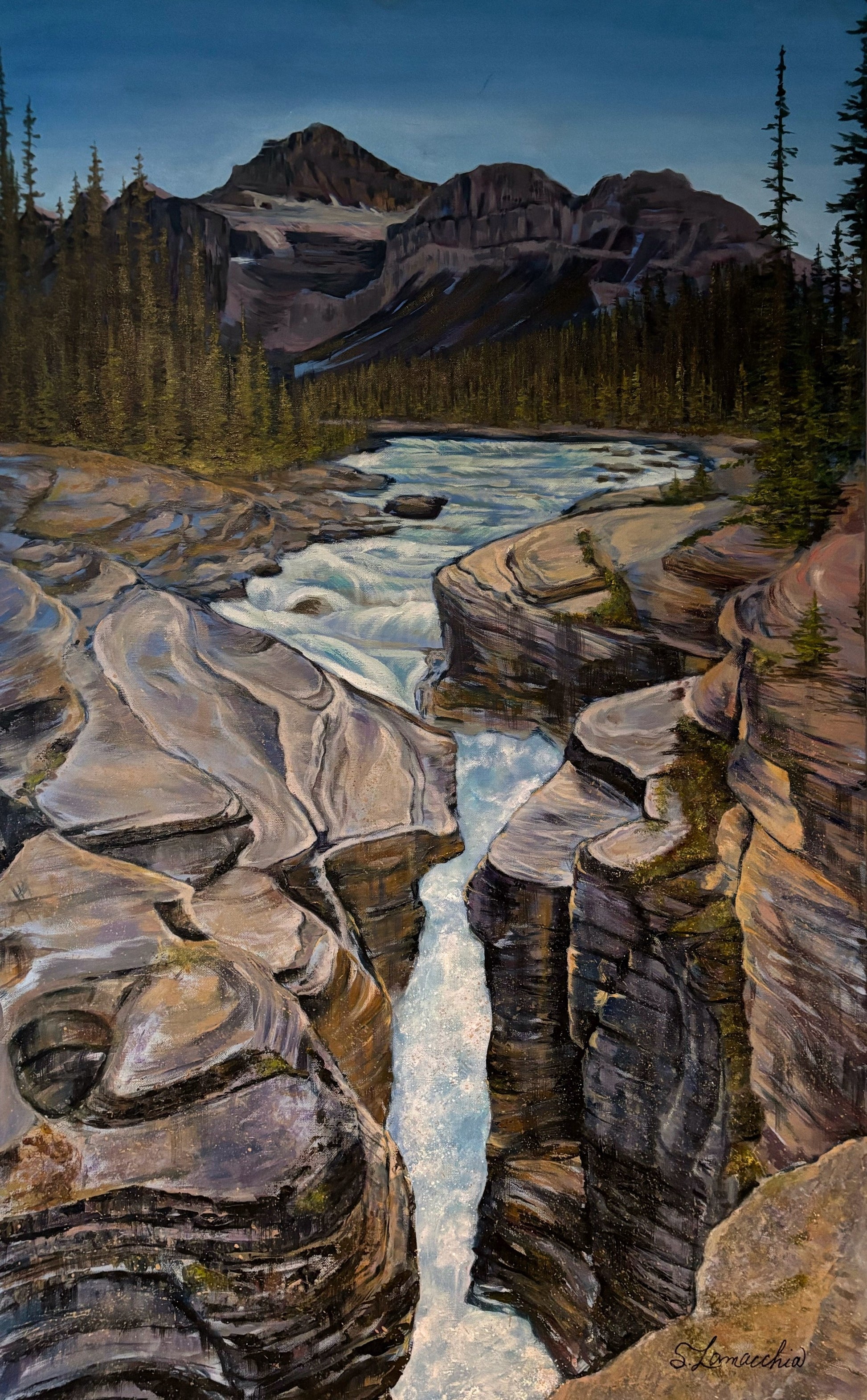 Glacial river rushing through a rock canyon below mountain peaks, painting from the Rocks & Water workshop, Grasby Art Studio Calgary