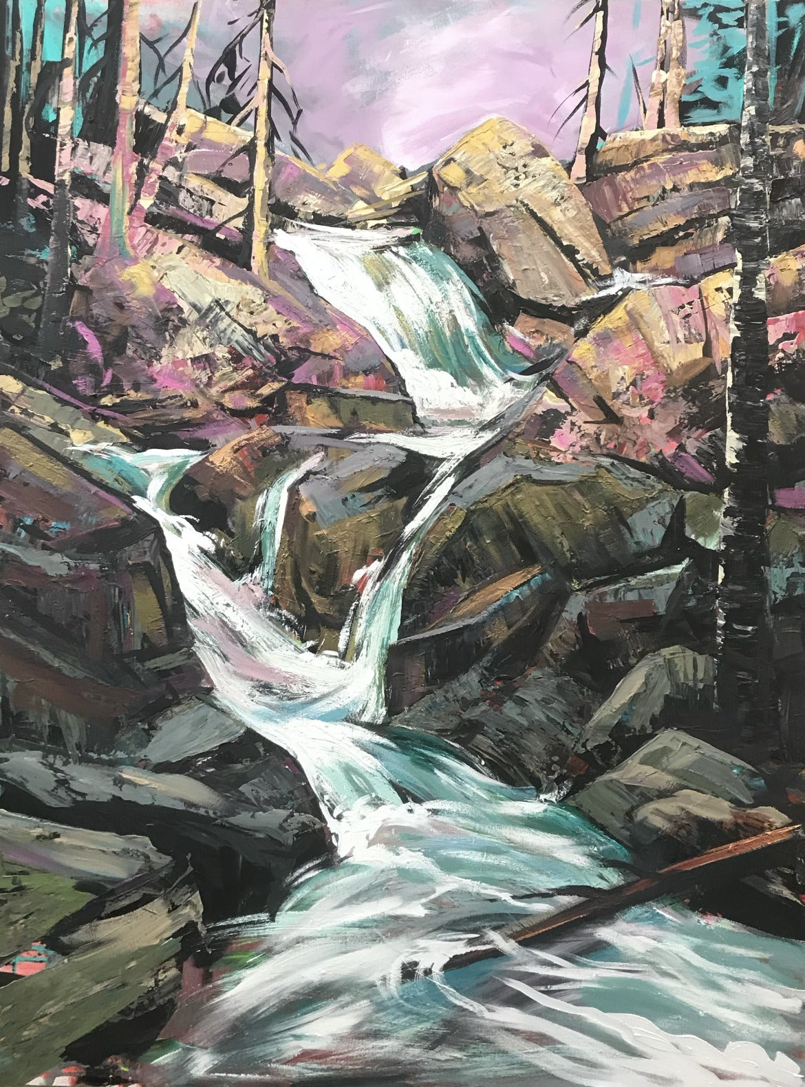 Bold pink and gold rock waterfall, palette-knife painting from the Rocks & Water workshop, Grasby Art Studio Calgary