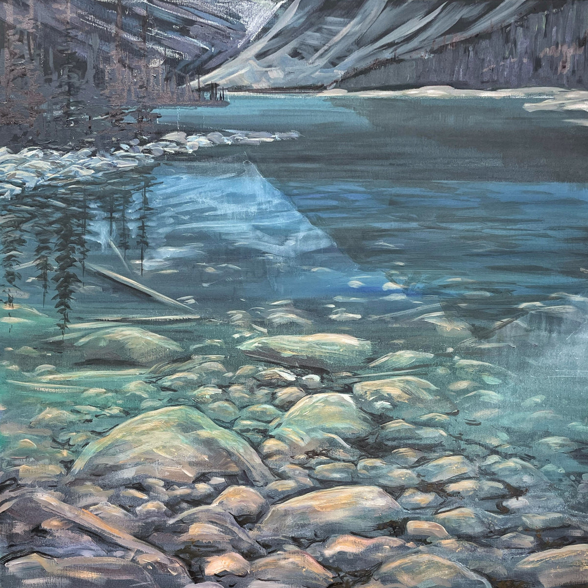 Turquoise mountain lake with stones seen through clear water, painting by Teresa Grasby, Grasby Art Studio Calgary