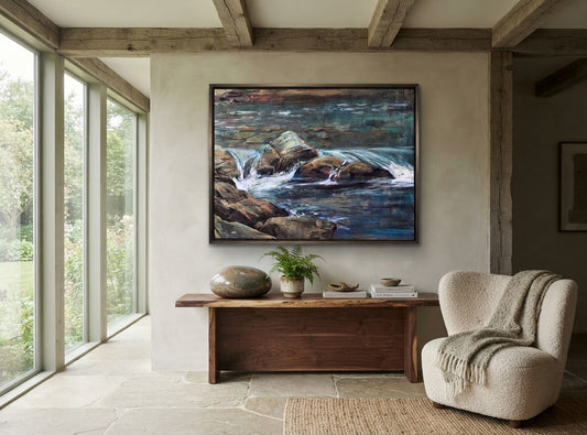 Rocks & Water workshop painting hung as a feature wall piece
