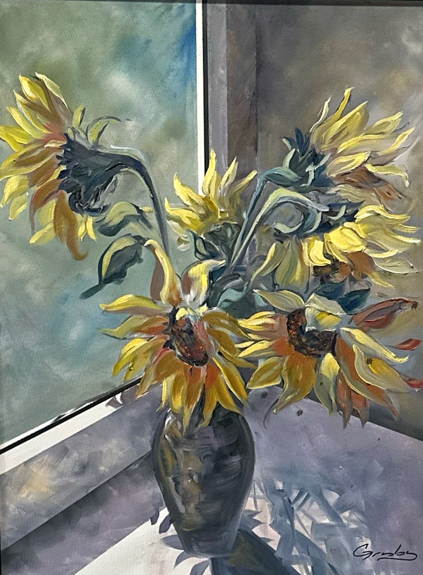 Sunflowers in a vase by a window, oil painting by Teresa Grasby, Grasby Art Studio Calgary