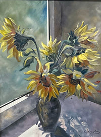 Sunflowers in a vase by a window, oil painting by Teresa Grasby, Grasby Art Studio Calgary