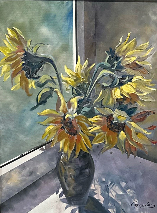 Sunflowers in a vase by a window, oil painting by Teresa Grasby, Grasby Art Studio Calgary