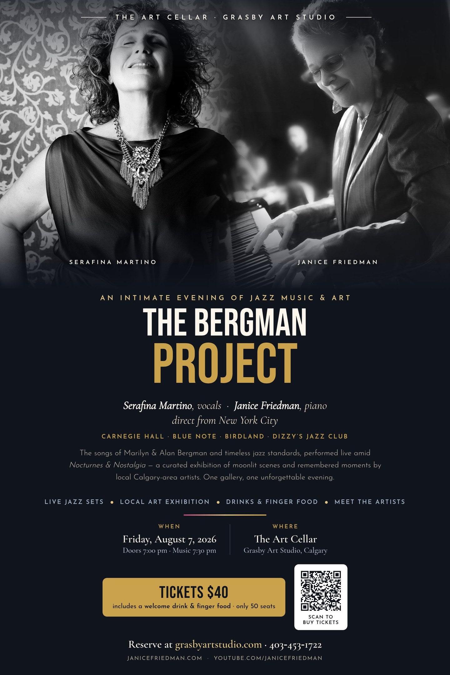 The Bergman Project — An Evening of Jazz & Art: Serafina Martino (vocals) and Janice Friedman (piano), Friday August 7 2026, doors 7 pm, the Art Cellar at Grasby Art Studio, Calgary