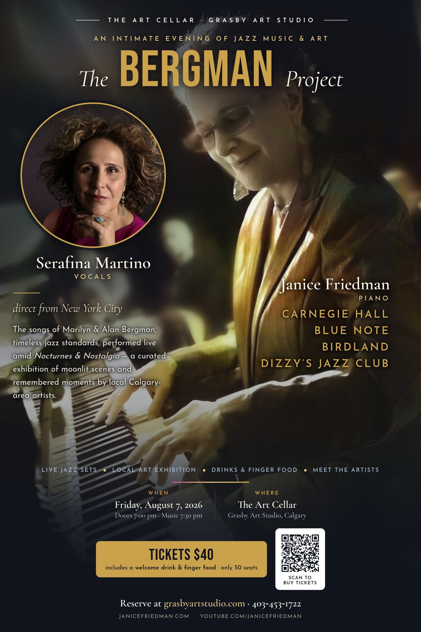 The Bergman Project — An Evening of Jazz poster: Serafina Martino (vocals) and Janice Friedman (piano), Friday August 7 2026 at The Art Cellar, Grasby Art Studio