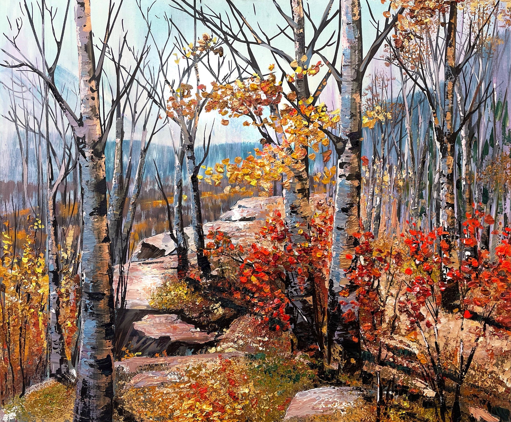 Autumn aspens and red shrubs on a rock ledge above a valley, treescape painting by Teresa Grasby, Grasby Art Studio Calgary