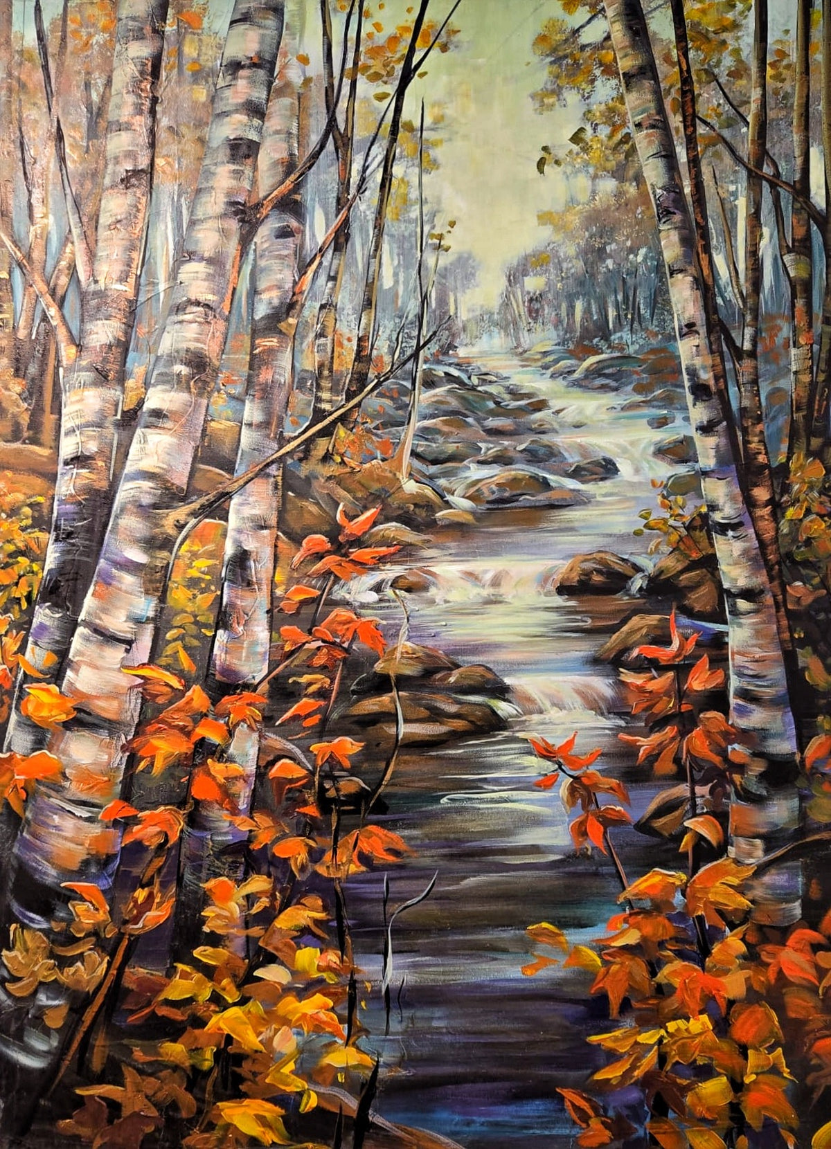 Birch trunks and orange autumn leaves framing a rocky creek, treescape painting by Teresa Grasby, Grasby Art Studio Calgary