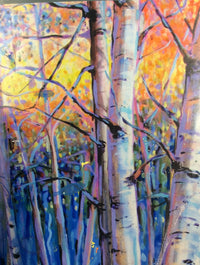 Abstract birch treescape painting in vivid colour by Teresa Grasby, Grasby Art Studio Calgary