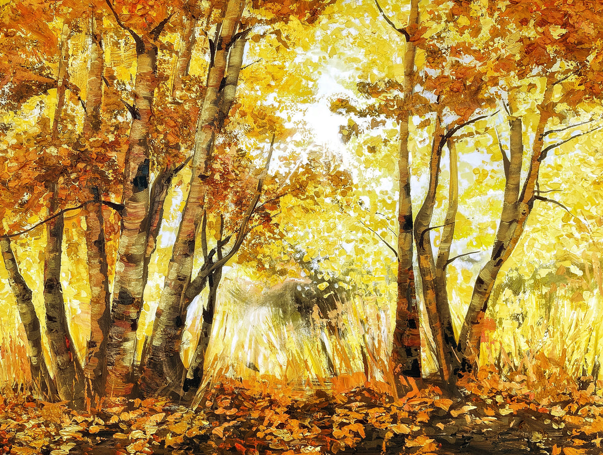 Sunlit golden aspen canopy in autumn, palette knife treescape painting by Teresa Grasby, Grasby Art Studio Calgary
