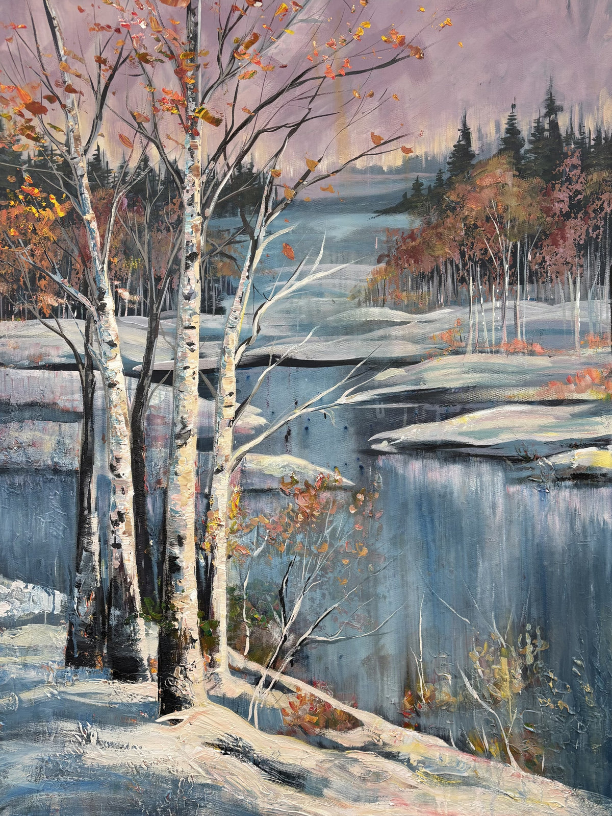 Birches with the last autumn leaves beside a freezing lake under a pink sky, treescape painting by Teresa Grasby, Grasby Art Studio Calgary