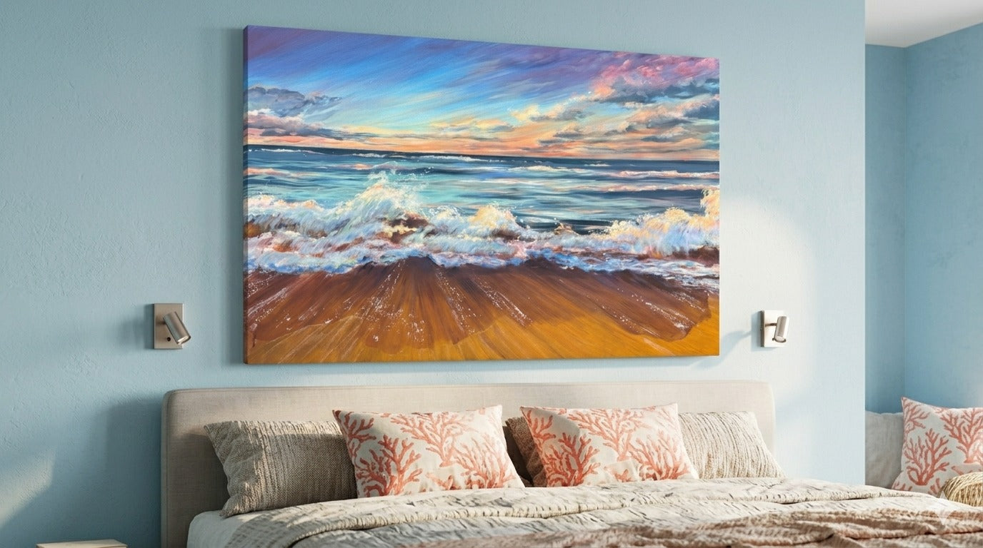 Sunset shoreline wave painting by Teresa Grasby shown hanging above a bed, Grasby Art Studio Calgary