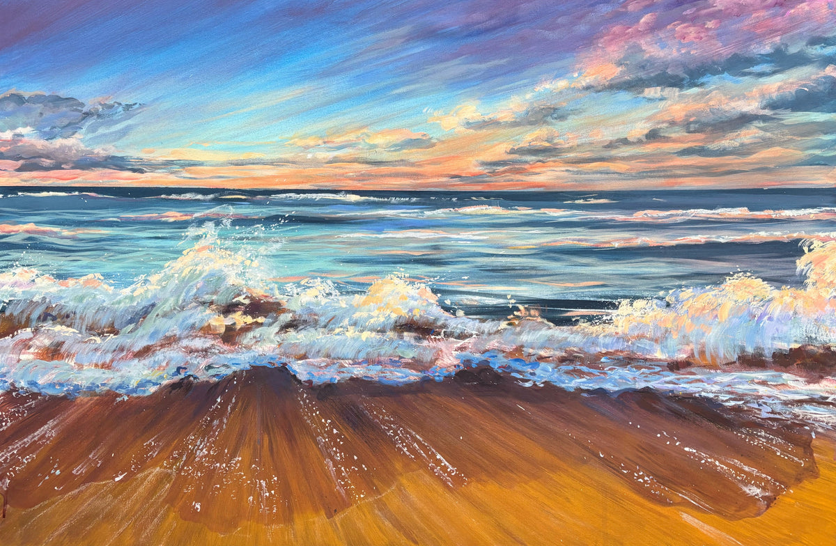 Sunset shoreline with breaking waves and wet sand painting by Teresa Grasby, Grasby Art Studio Calgary