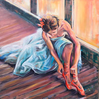 Ballerina tying pointe shoes — figure painting by Teresa Grasby, Grasby Art Studio Calgary